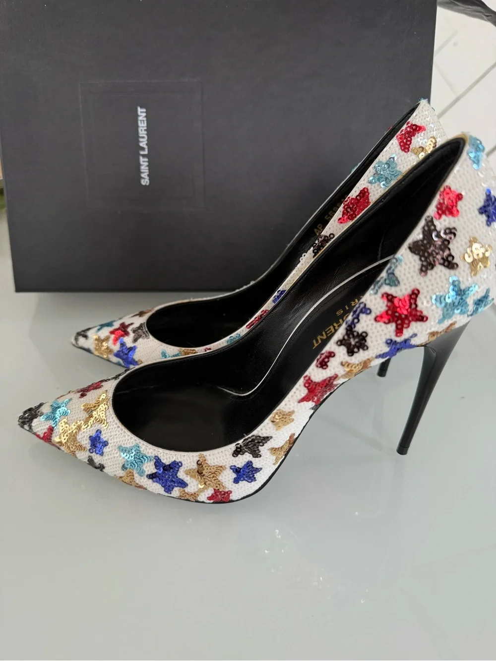 Saint Laurent White Sequin Star Pointed Toe Pumps - Picture 3 of 4